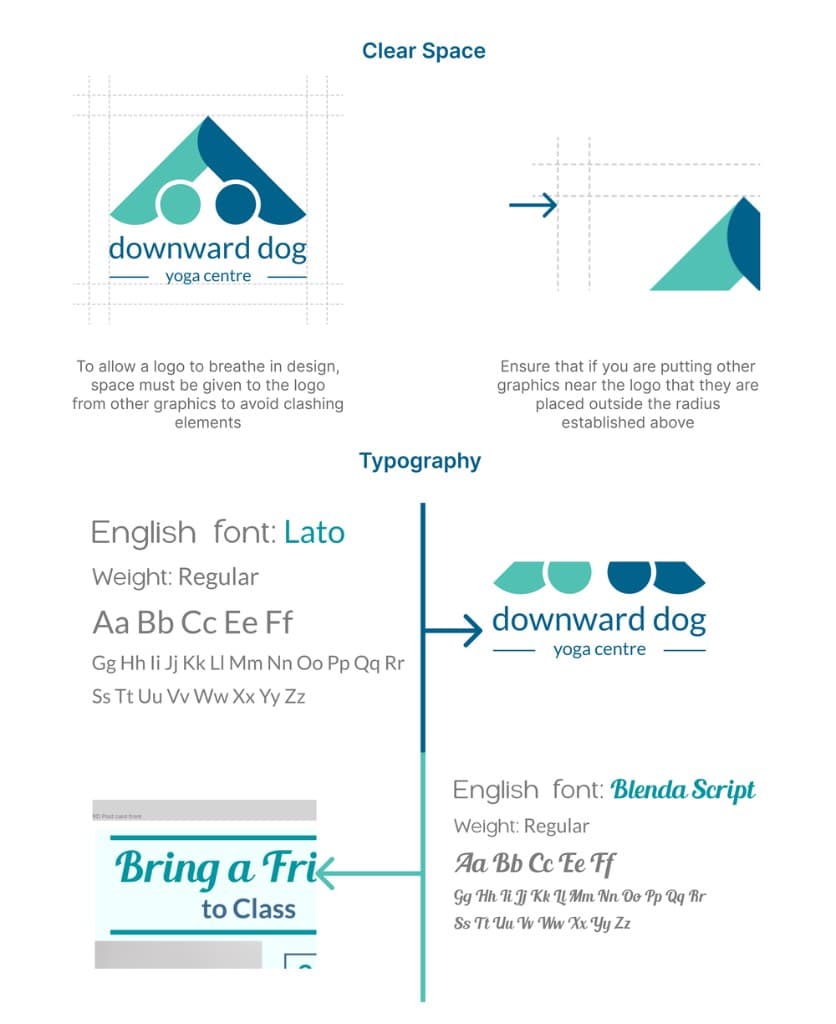 Downward Dog - Clear Space, Typography Lato and Blenda Script