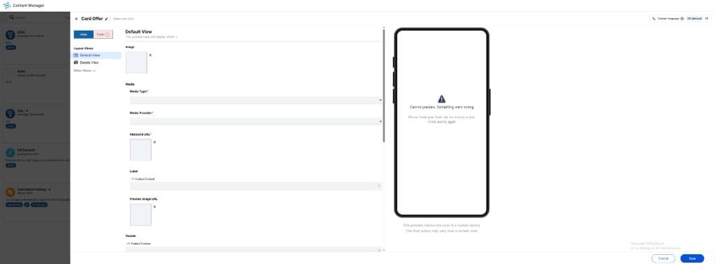 Content Manager – previous design with form fields and mobile preview