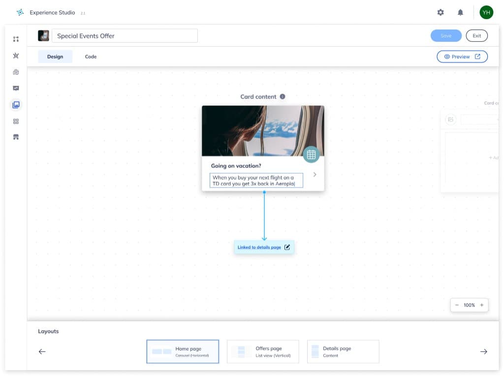 Experience Studio 2.1 – Design view of Special Events Offer card, content placement and layout configuration