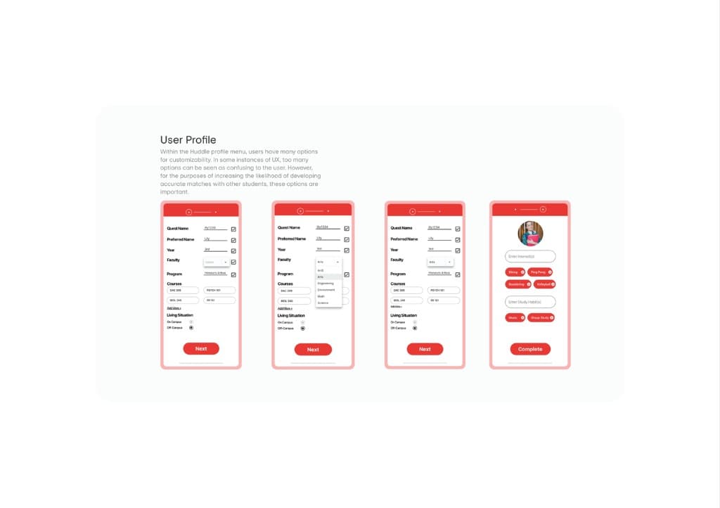User Profile - Profile setup, Faculty, Program, Courses, Interests, Study Habits