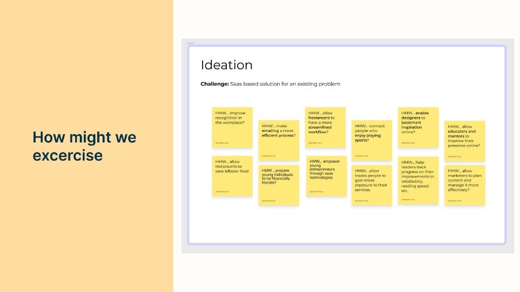 How might we exercise - Ideation sticky notes exploring potential SaaS problems to solve