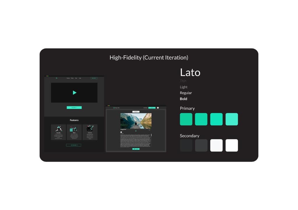 High-Fidelity Current Iteration - dark theme, Lato, Features mockups