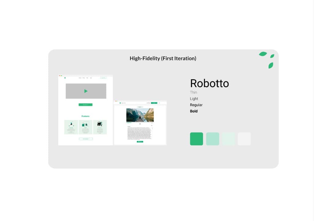 High-Fidelity First Iteration - green theme, Roboto, webpage mockups