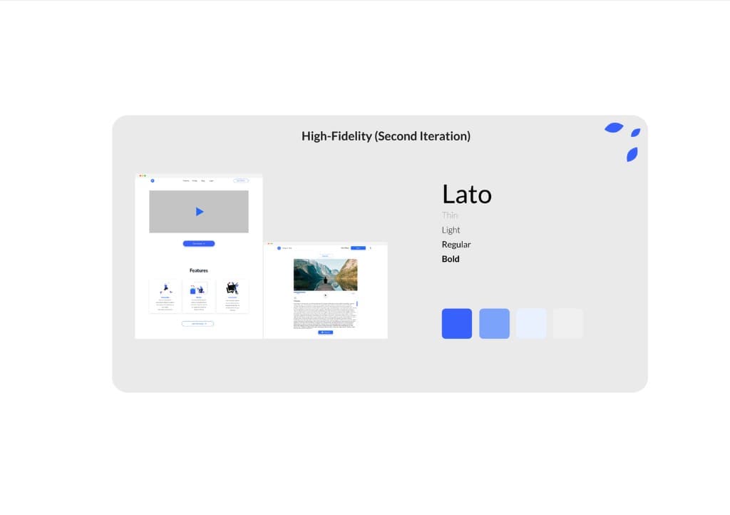 High-Fidelity Second Iteration - blue theme, Lato, mockups